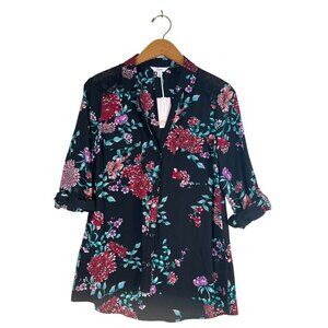 NWT Candies Women's Size M Black Floral Blouse Tab Sleeves Lace Shoulder Insert
